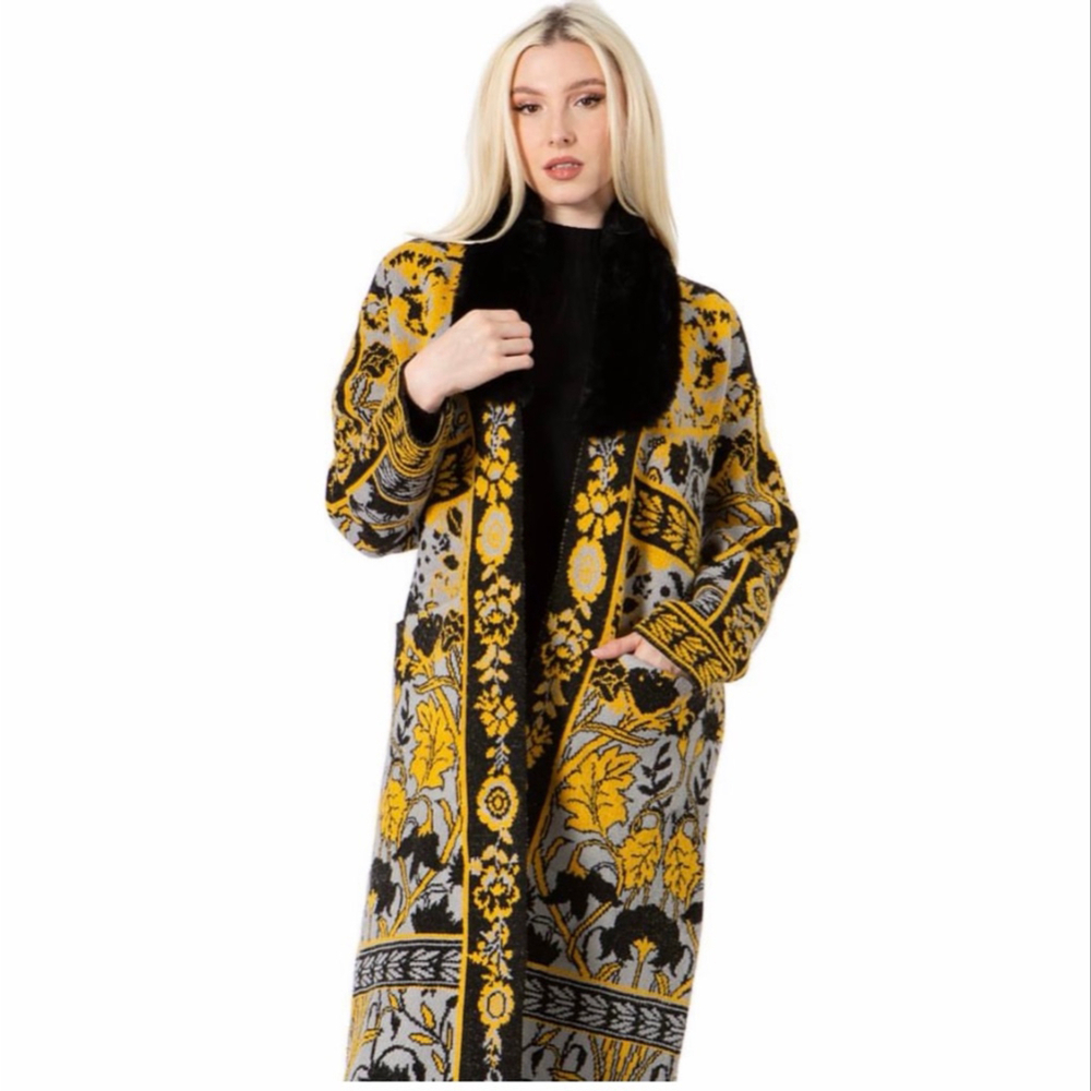 Vertigo Paris Floral Jacquard Duster Coat Black Combo Faux Fur Collar Size M NWT